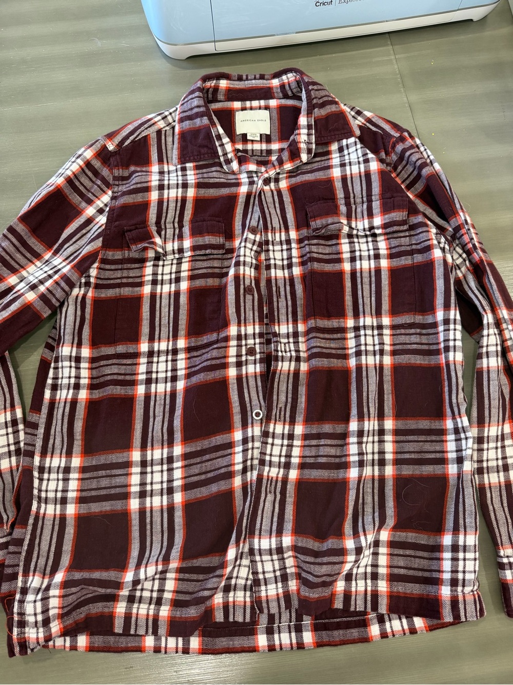 Men's Burgundy American Eagle Plaid Button-Up Shirt